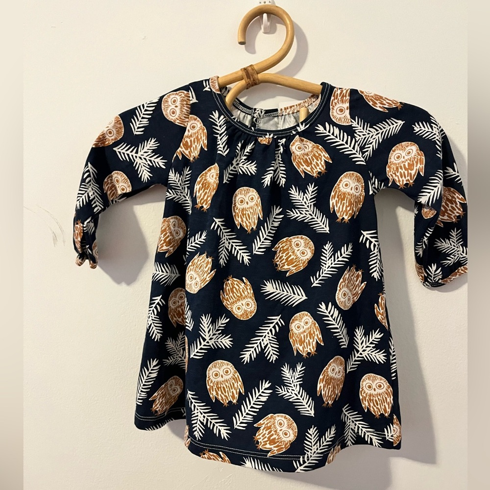 Charming Owl Print Kids Dress - Navy and Brown
